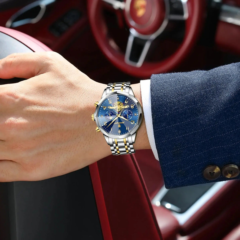 Poedagar relógio original de luxo para homem, cronógrafo, à prova d'água, luminoso, relógio masculino de quartzo, aço inoxidável