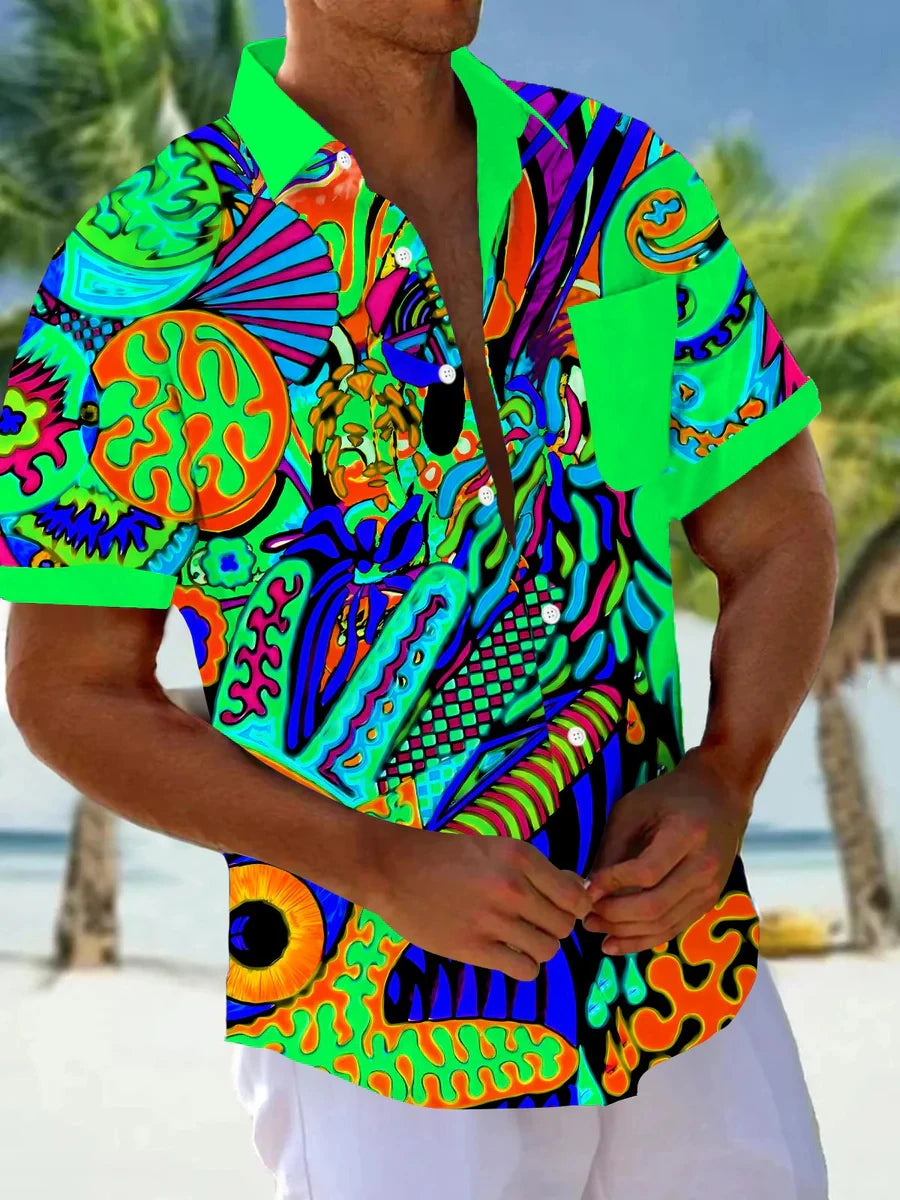 Verão colorido camisas masculinas ao ar livre casual moda rua manga curta topos padrões impressos plus size roupas masculinas havaianas