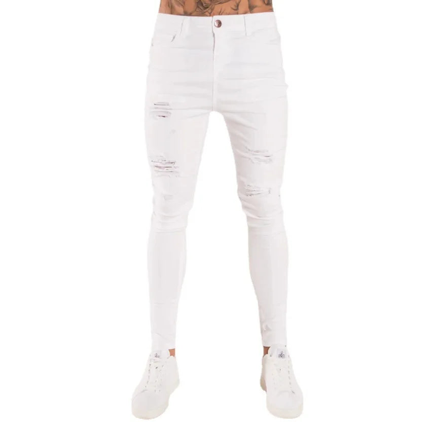 2023 branco bordado magro rasgado jeans masculino algodão elástico fino ajuste hip hop calças jeans casuais para homens calças de jogging