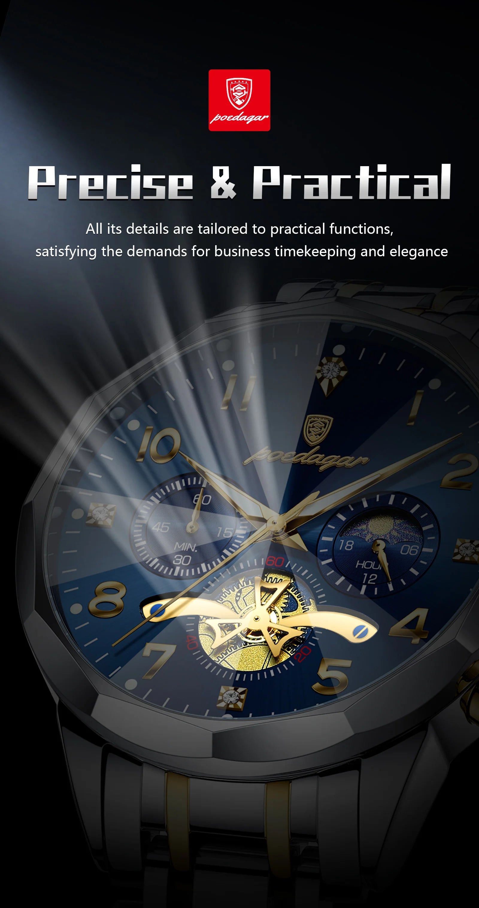 Poedagar relógio original de luxo para homem, cronógrafo, à prova d'água, luminoso, relógio masculino de quartzo, aço inoxidável