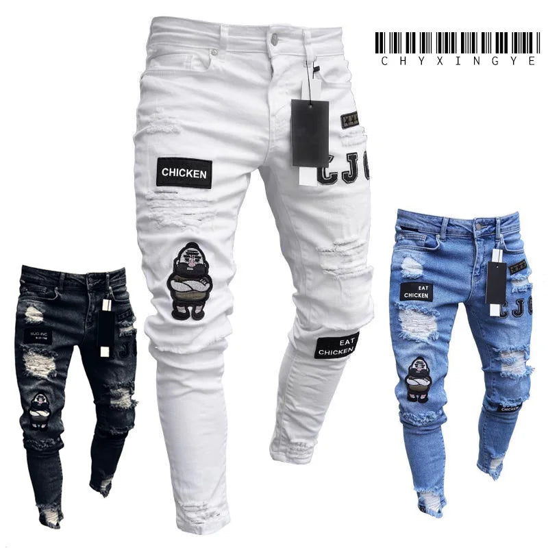 2023 branco bordado magro rasgado jeans masculino algodão elástico fino ajuste hip hop calças jeans casuais para homens calças de jogging