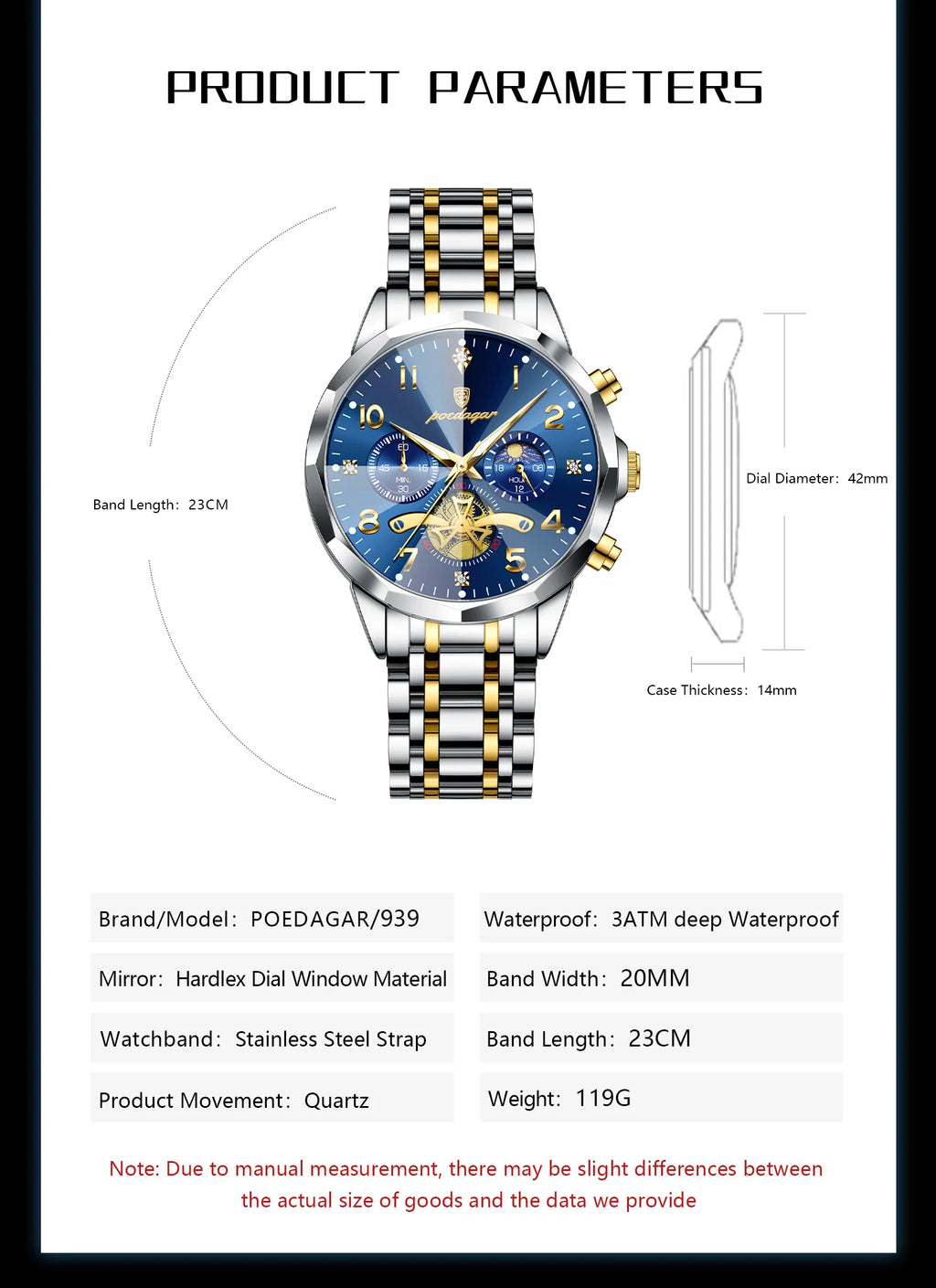 Poedagar relógio original de luxo para homem, cronógrafo, à prova d'água, luminoso, relógio masculino de quartzo, aço inoxidável