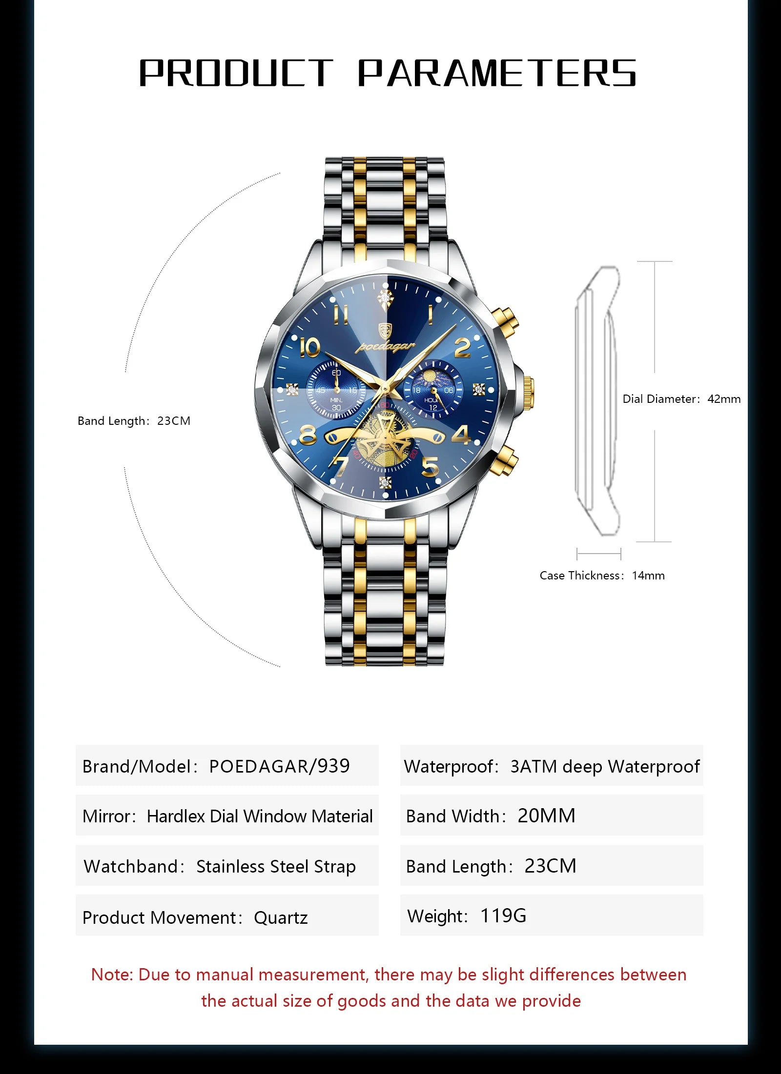 Poedagar relógio original de luxo para homem, cronógrafo, à prova d'água, luminoso, relógio masculino de quartzo, aço inoxidável