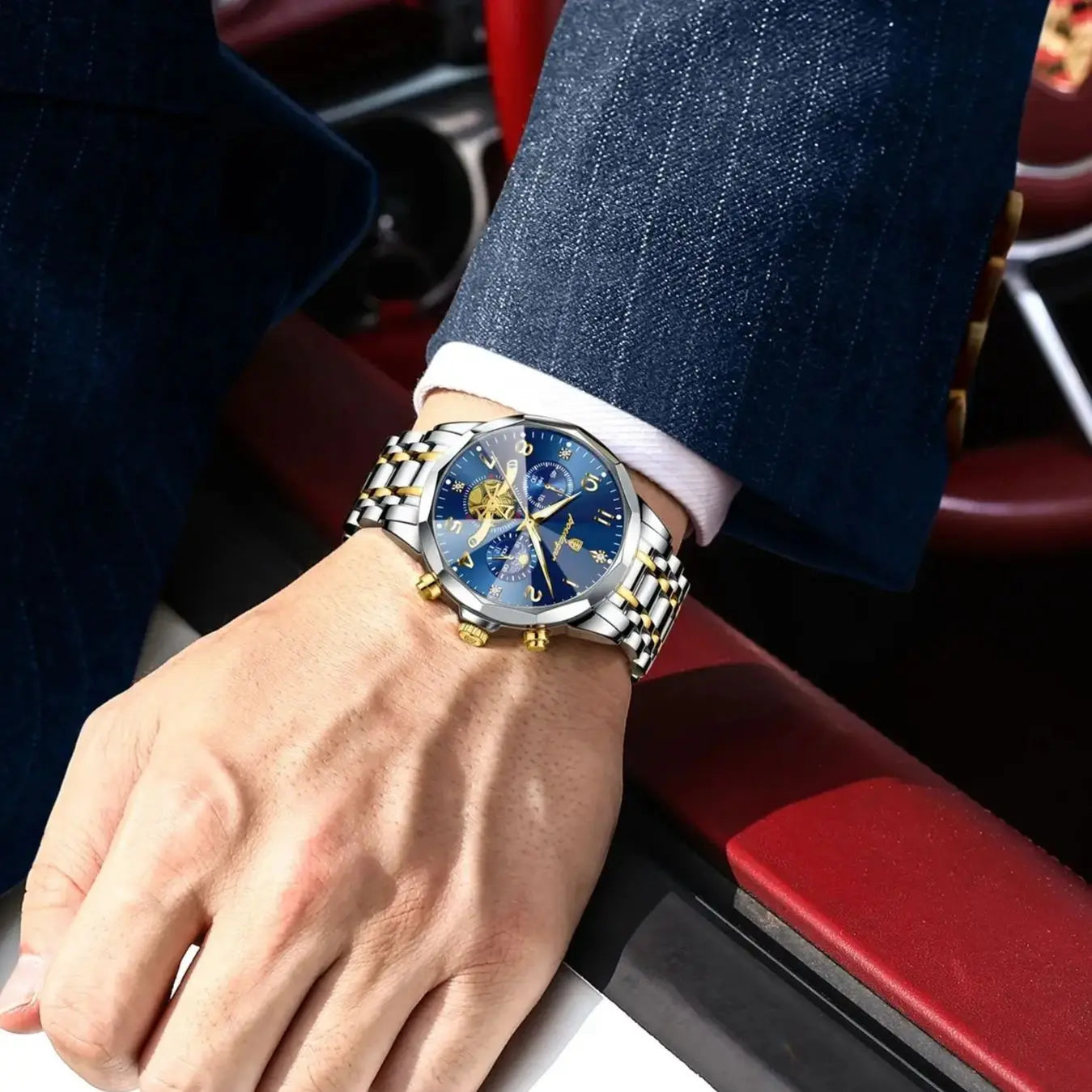 Poedagar relógio original de luxo para homem, cronógrafo, à prova d'água, luminoso, relógio masculino de quartzo, aço inoxidável