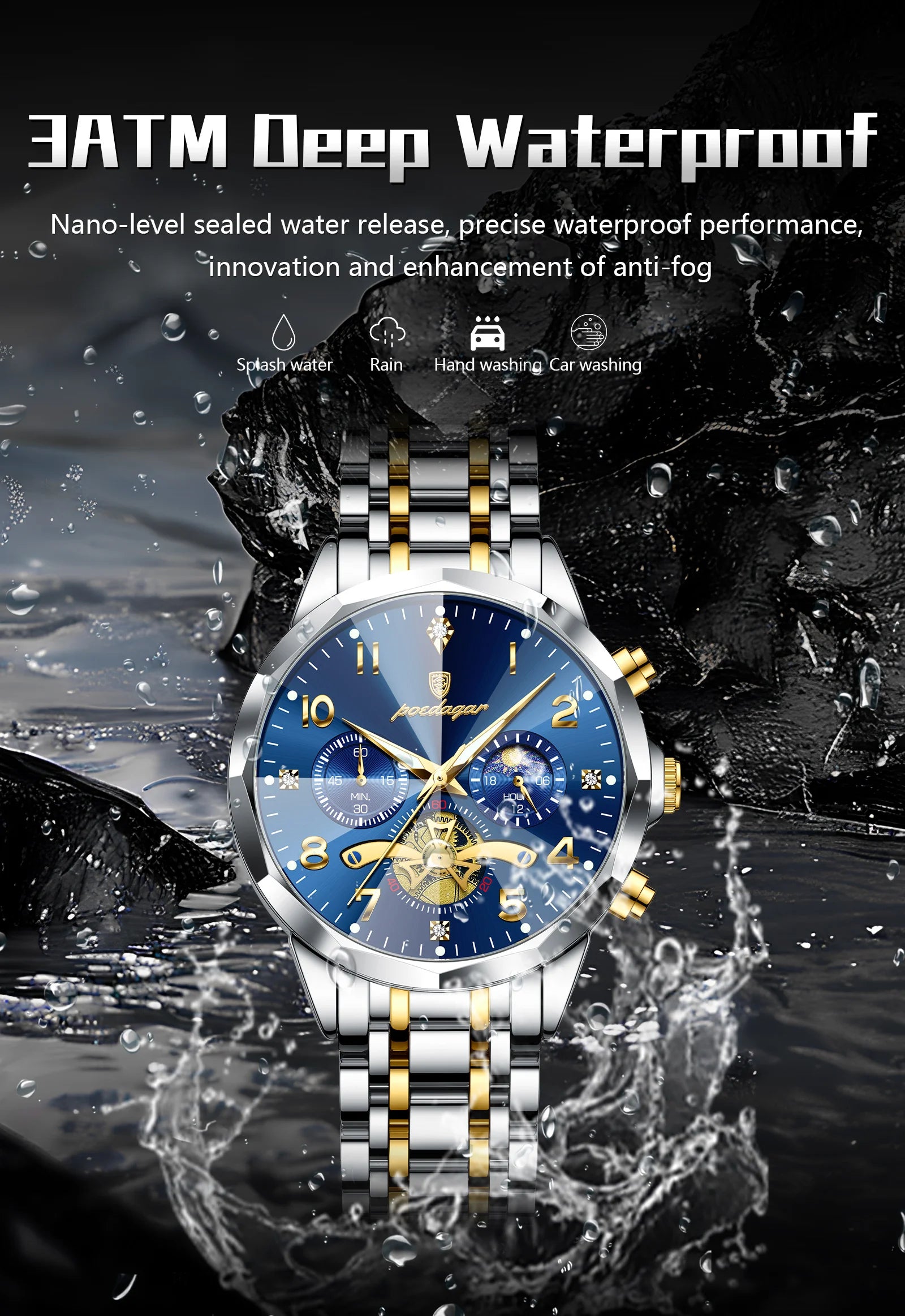 Poedagar relógio original de luxo para homem, cronógrafo, à prova d'água, luminoso, relógio masculino de quartzo, aço inoxidável