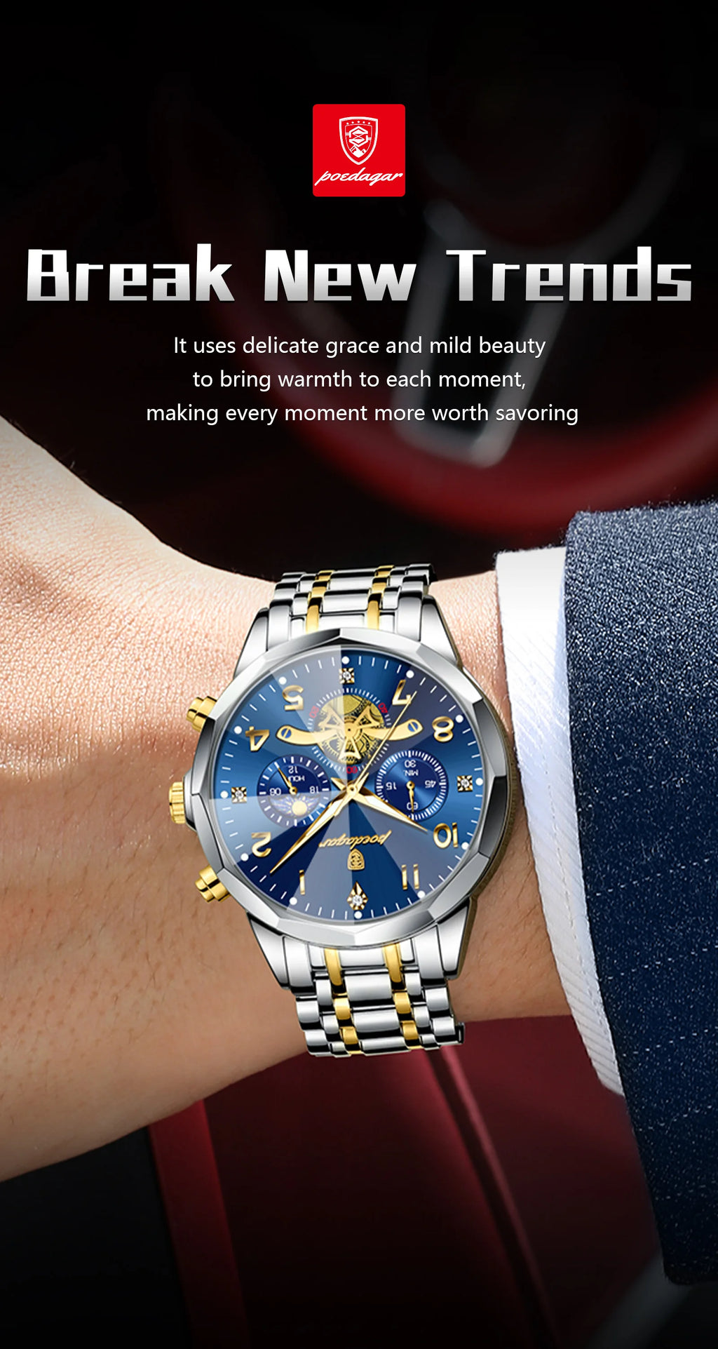 Poedagar relógio original de luxo para homem, cronógrafo, à prova d'água, luminoso, relógio masculino de quartzo, aço inoxidável