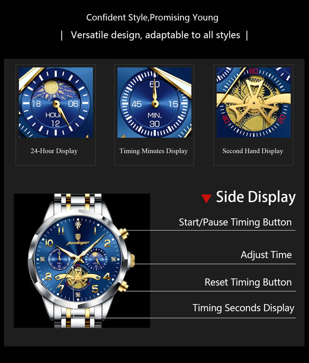 Poedagar relógio original de luxo para homem, cronógrafo, à prova d'água, luminoso, relógio masculino de quartzo, aço inoxidável