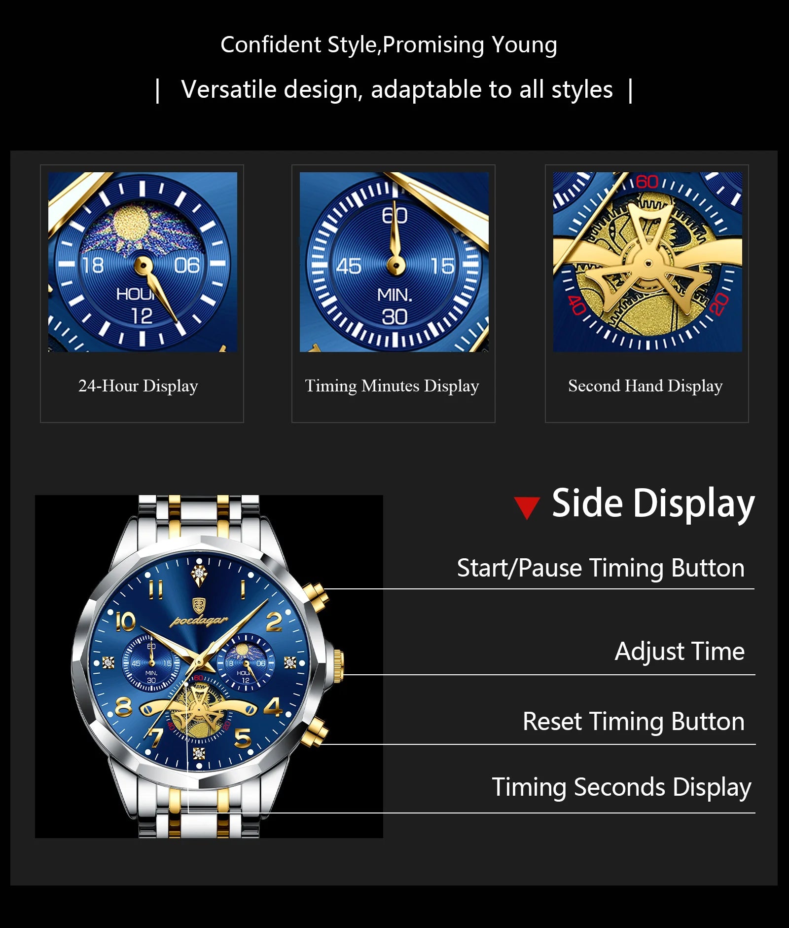 Poedagar relógio original de luxo para homem, cronógrafo, à prova d'água, luminoso, relógio masculino de quartzo, aço inoxidável