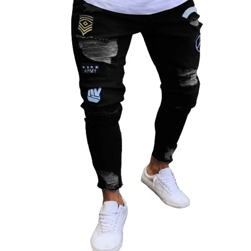 2023 branco bordado magro rasgado jeans masculino algodão elástico fino ajuste hip hop calças jeans casuais para homens calças de jogging