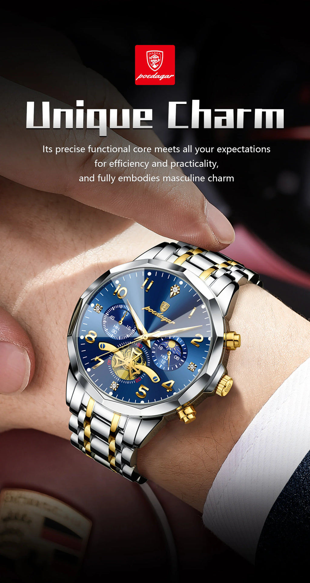 Poedagar relógio original de luxo para homem, cronógrafo, à prova d'água, luminoso, relógio masculino de quartzo, aço inoxidável