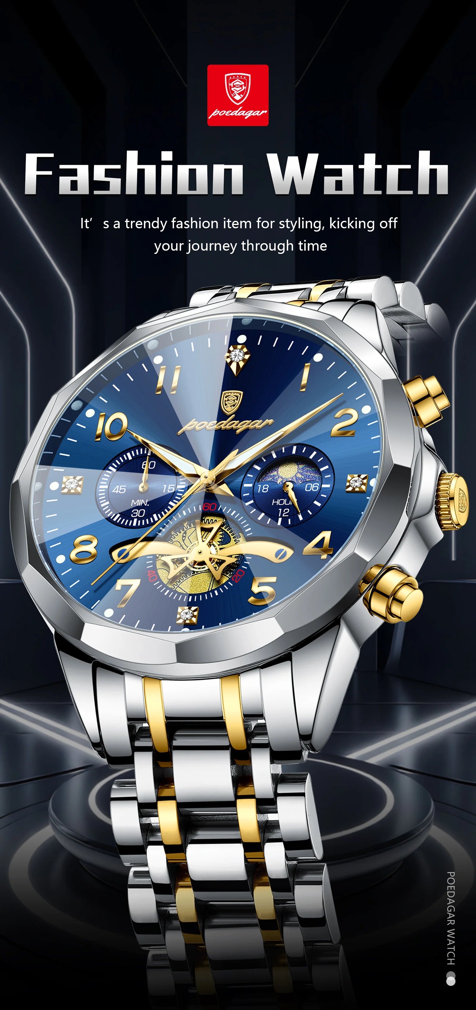 Poedagar relógio original de luxo para homem, cronógrafo, à prova d'água, luminoso, relógio masculino de quartzo, aço inoxidável