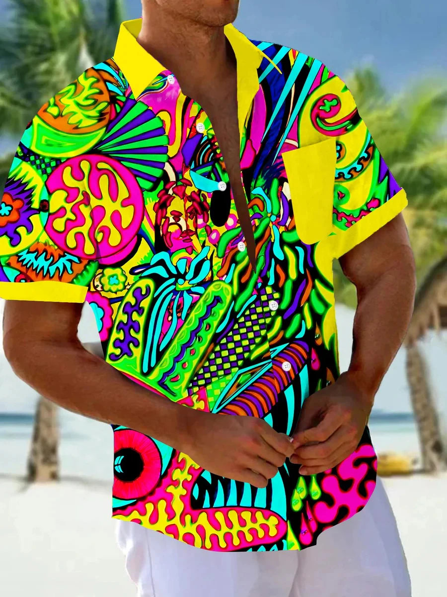 Verão colorido camisas masculinas ao ar livre casual moda rua manga curta topos padrões impressos plus size roupas masculinas havaianas