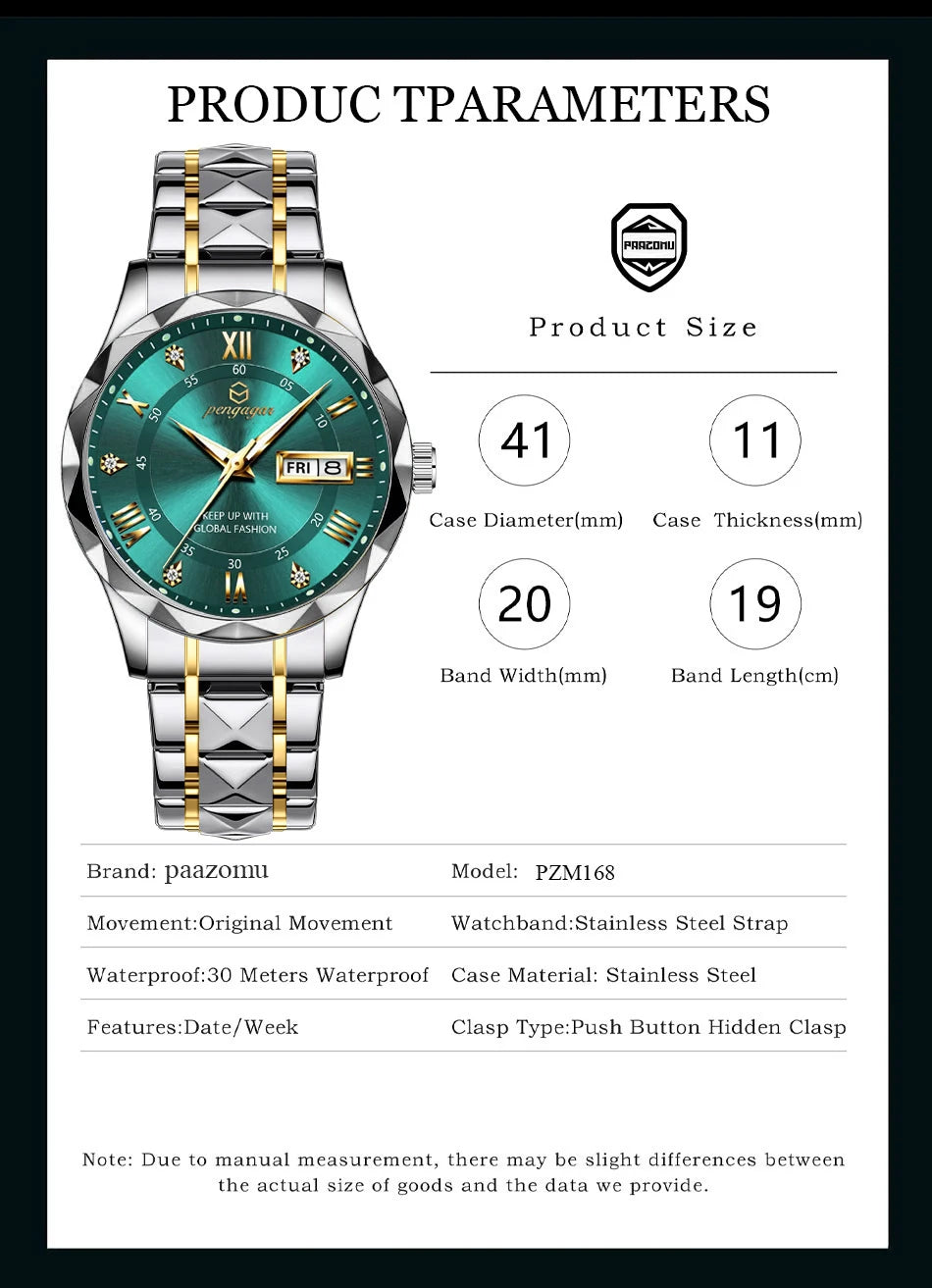 PENGAGAR Luxo Quadrado Esporte Homem Relógio de Pulso À Prova D 'Água Luminosa Cronógrafo Relógios Masculinos de Quartzo Relógio Masculino de Aço Inoxidável Reloj