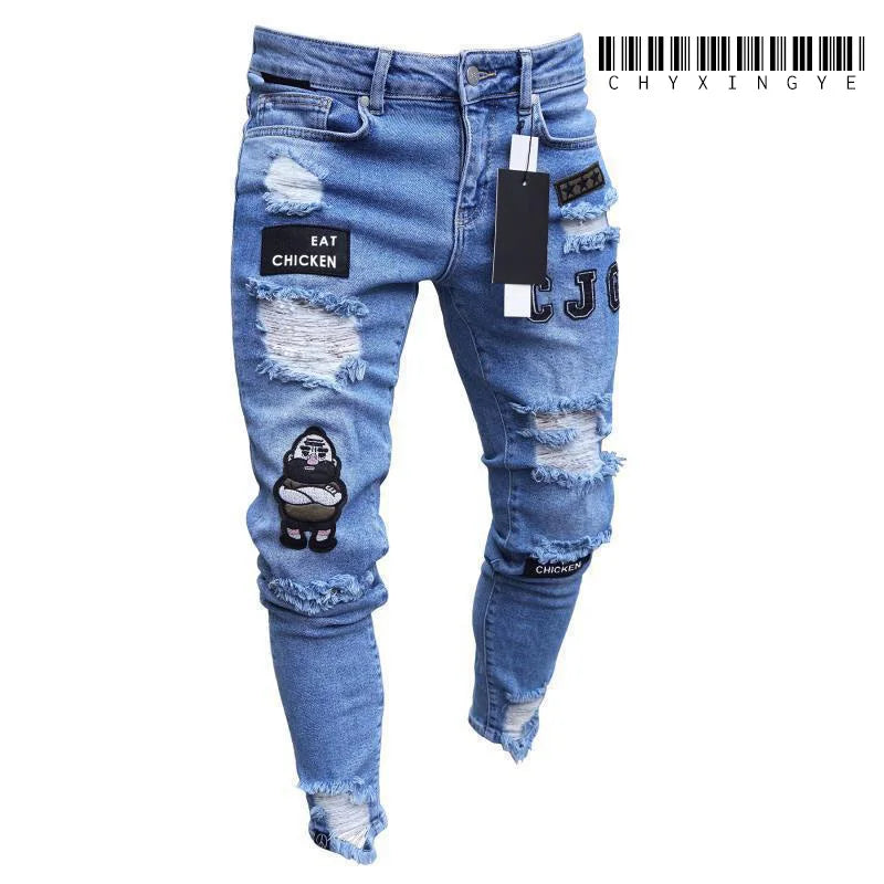 2023 branco bordado magro rasgado jeans masculino algodão elástico fino ajuste hip hop calças jeans casuais para homens calças de jogging