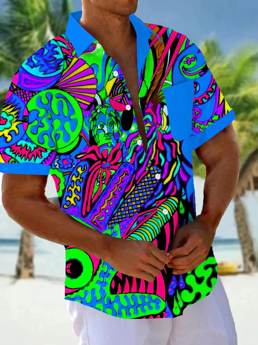 Verão colorido camisas masculinas ao ar livre casual moda rua manga curta topos padrões impressos plus size roupas masculinas havaianas