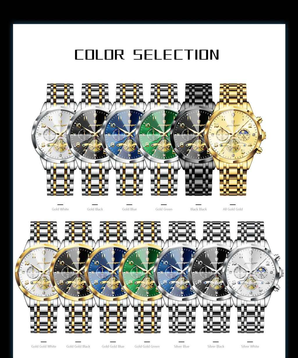 Poedagar relógio original de luxo para homem, cronógrafo, à prova d'água, luminoso, relógio masculino de quartzo, aço inoxidável