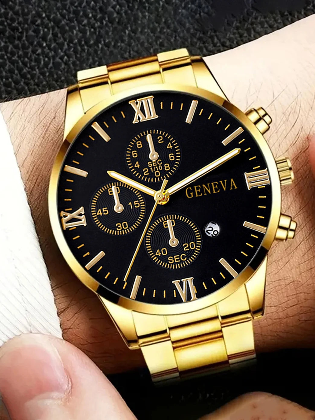 4 peças liga de ouro romana com calendário relógio de quartzo masculino e colar de cruz pulseira conjunto de anel presente selecionado