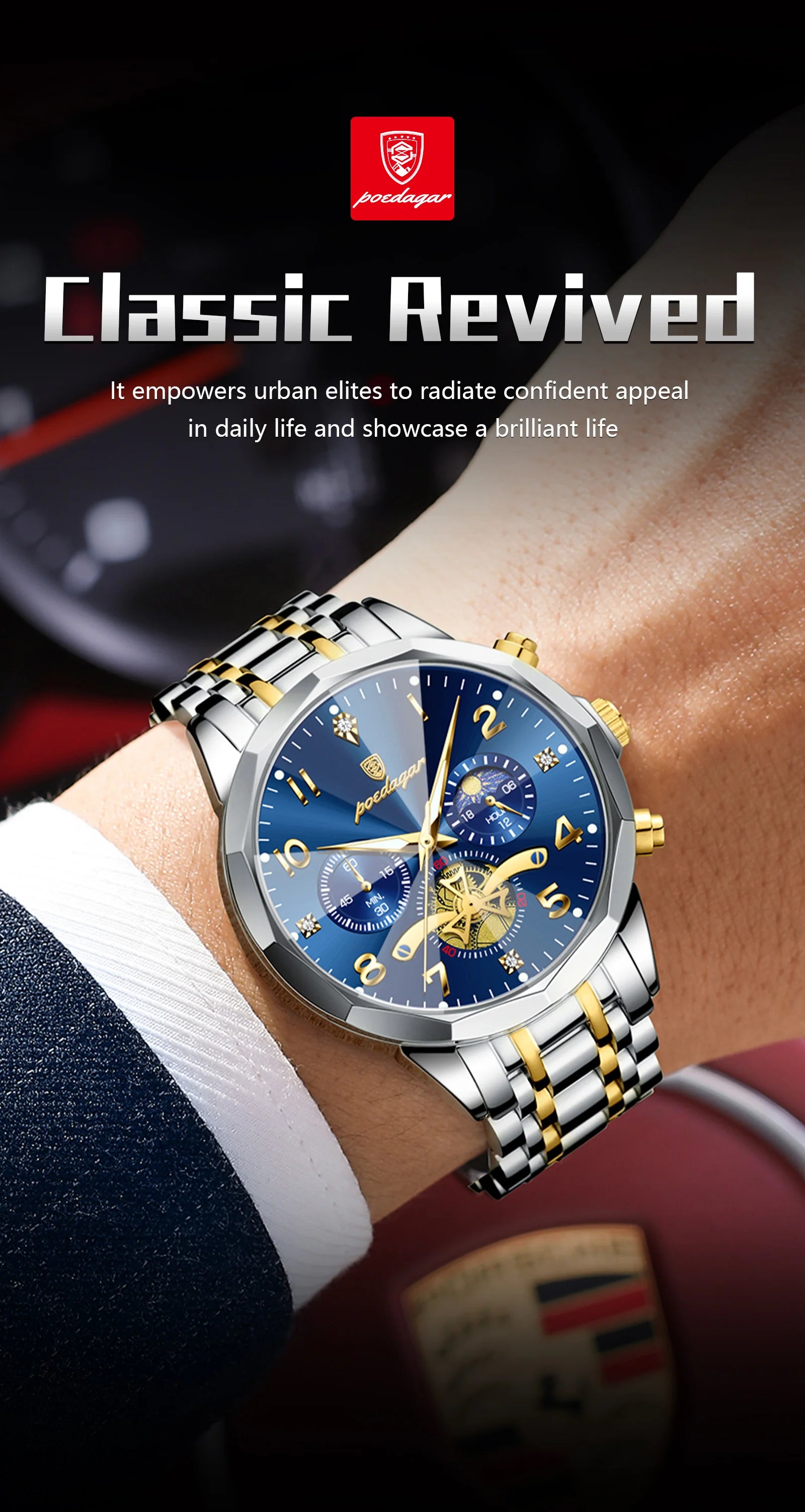 Poedagar relógio original de luxo para homem, cronógrafo, à prova d'água, luminoso, relógio masculino de quartzo, aço inoxidável