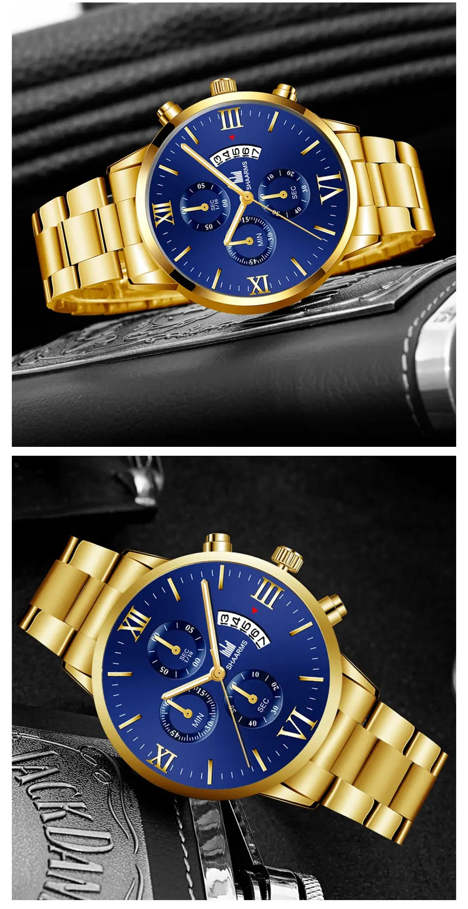 Relógio de quartzo masculino com cinto de aço inoxidável, seis pinos, calendário