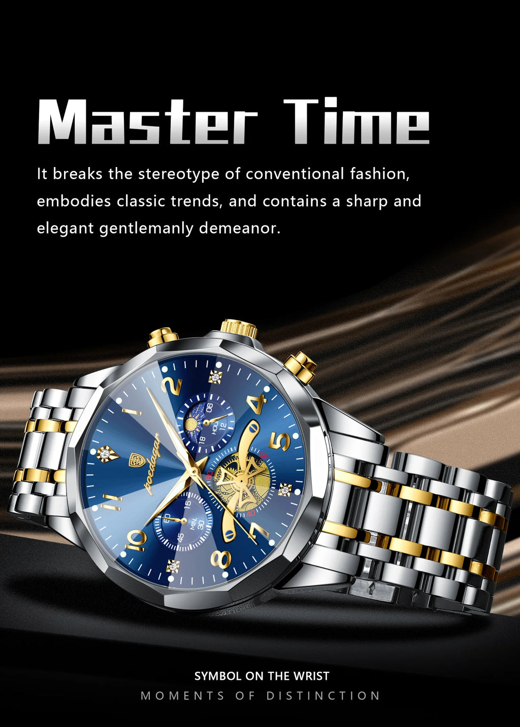 Poedagar relógio original de luxo para homem, cronógrafo, à prova d'água, luminoso, relógio masculino de quartzo, aço inoxidável