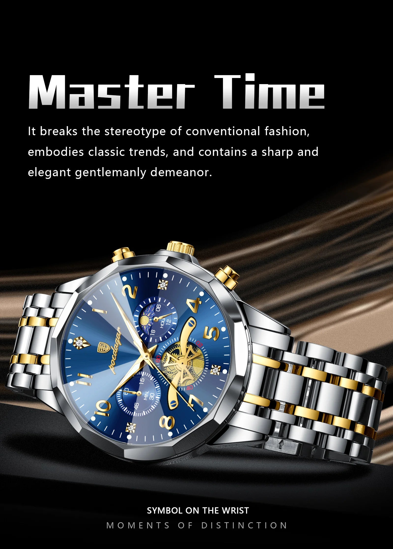 Poedagar relógio original de luxo para homem, cronógrafo, à prova d'água, luminoso, relógio masculino de quartzo, aço inoxidável