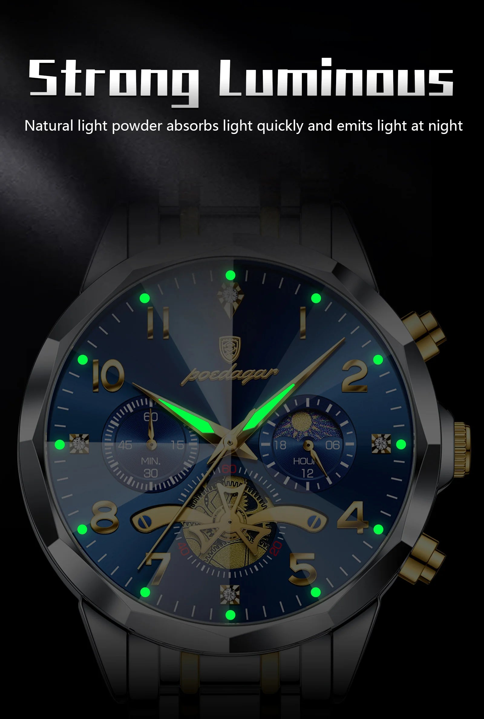 Poedagar relógio original de luxo para homem, cronógrafo, à prova d'água, luminoso, relógio masculino de quartzo, aço inoxidável