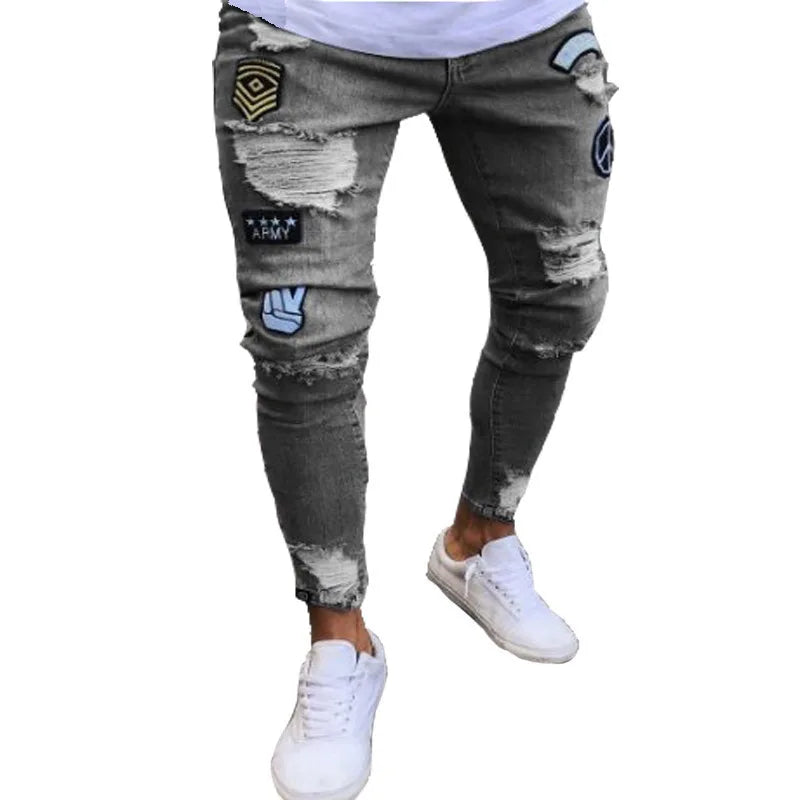 2023 branco bordado magro rasgado jeans masculino algodão elástico fino ajuste hip hop calças jeans casuais para homens calças de jogging