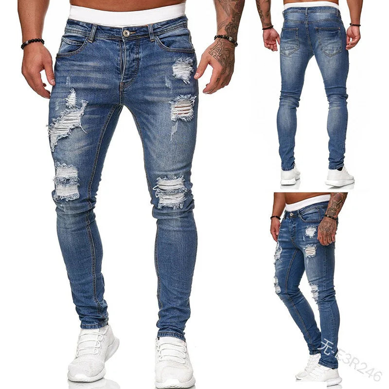 2023 branco bordado magro rasgado jeans masculino algodão elástico fino ajuste hip hop calças jeans casuais para homens calças de jogging