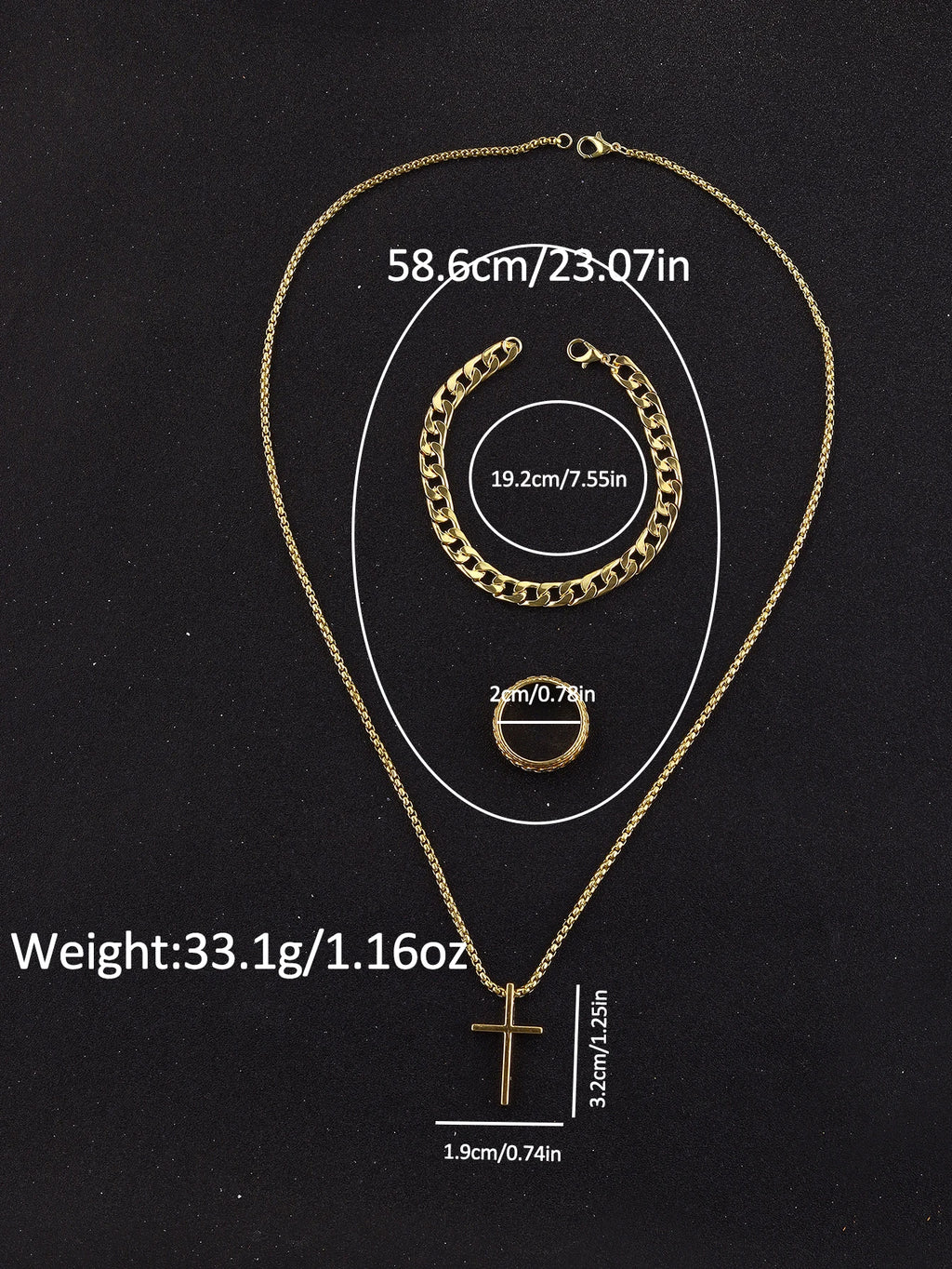 4 peças liga de ouro romana com calendário relógio de quartzo masculino e colar de cruz pulseira conjunto de anel presente selecionado