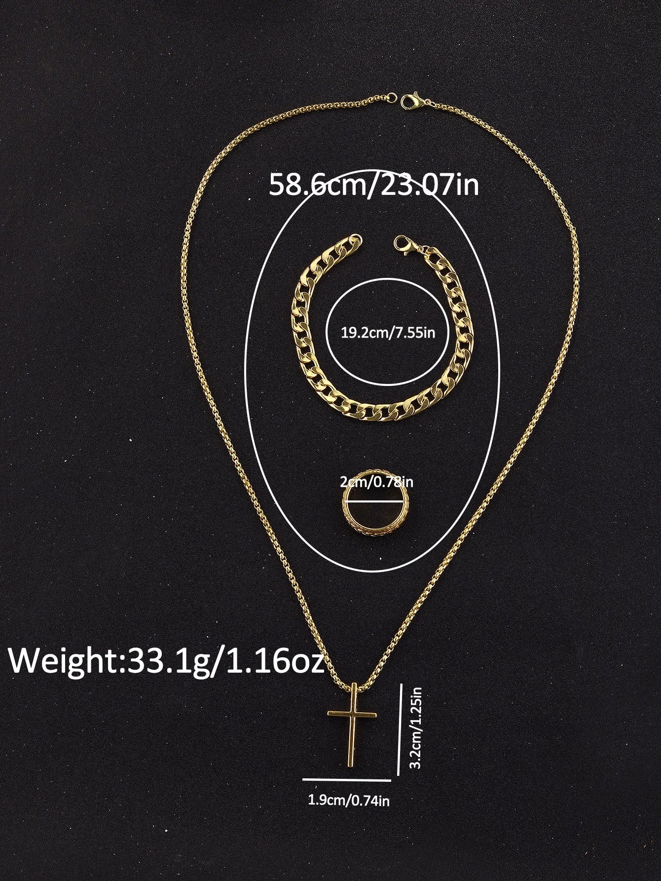 4 peças liga de ouro romana com calendário relógio de quartzo masculino e colar de cruz pulseira conjunto de anel presente selecionado