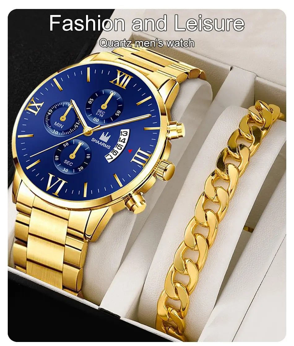 Relógio de quartzo masculino com cinto de aço inoxidável, seis pinos, calendário