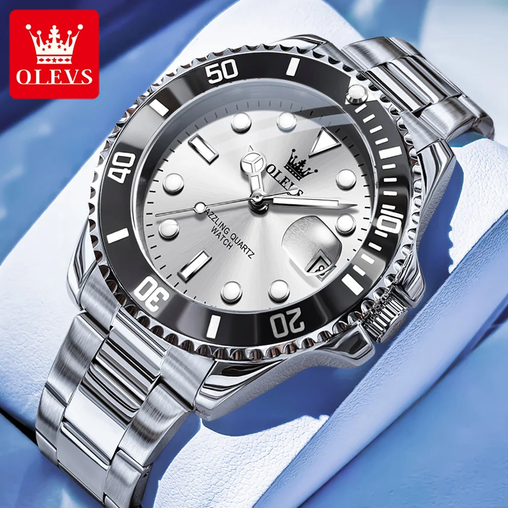 Olevs 5885 relógio masculino marca original à prova dwaterproof água relógio de quartzo pulseira de aço inoxidável data automática presentes dos homens relógios para homem