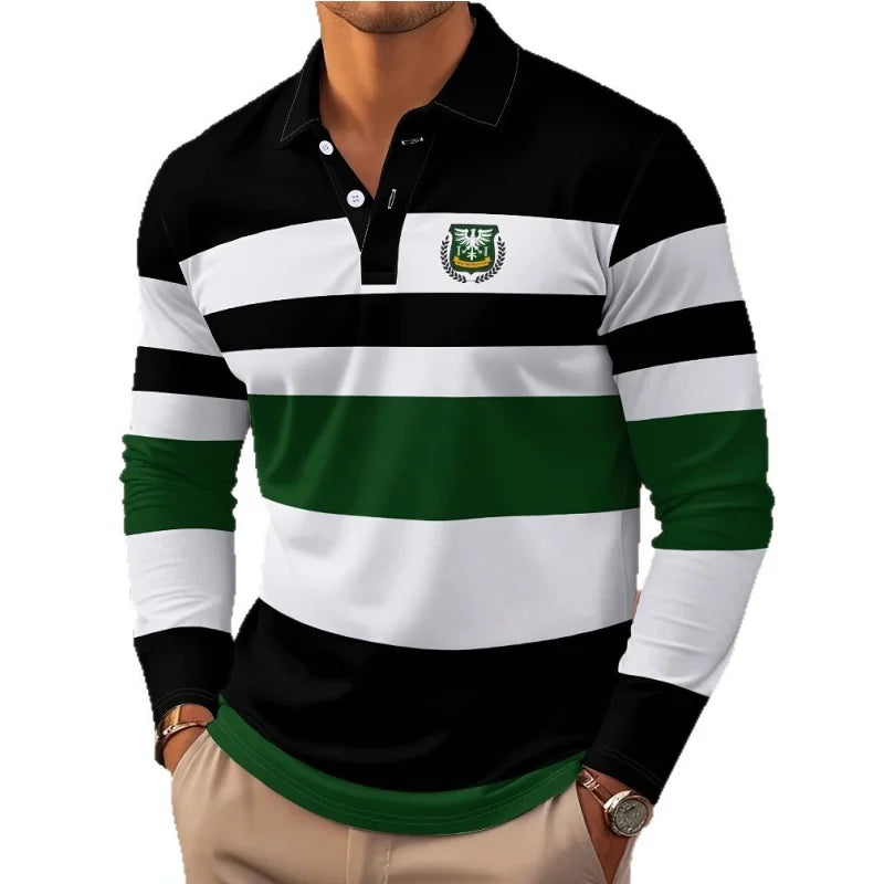 2025 novo clássico listra impresso camisas polo de manga longa dos homens outono casual confortável ajuste botão polo topos rua homem pulôver