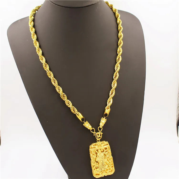Luxuoso 9999 24k ouro real colar masculino guan gong guanyin torneira pingente dominador acessórios de moda