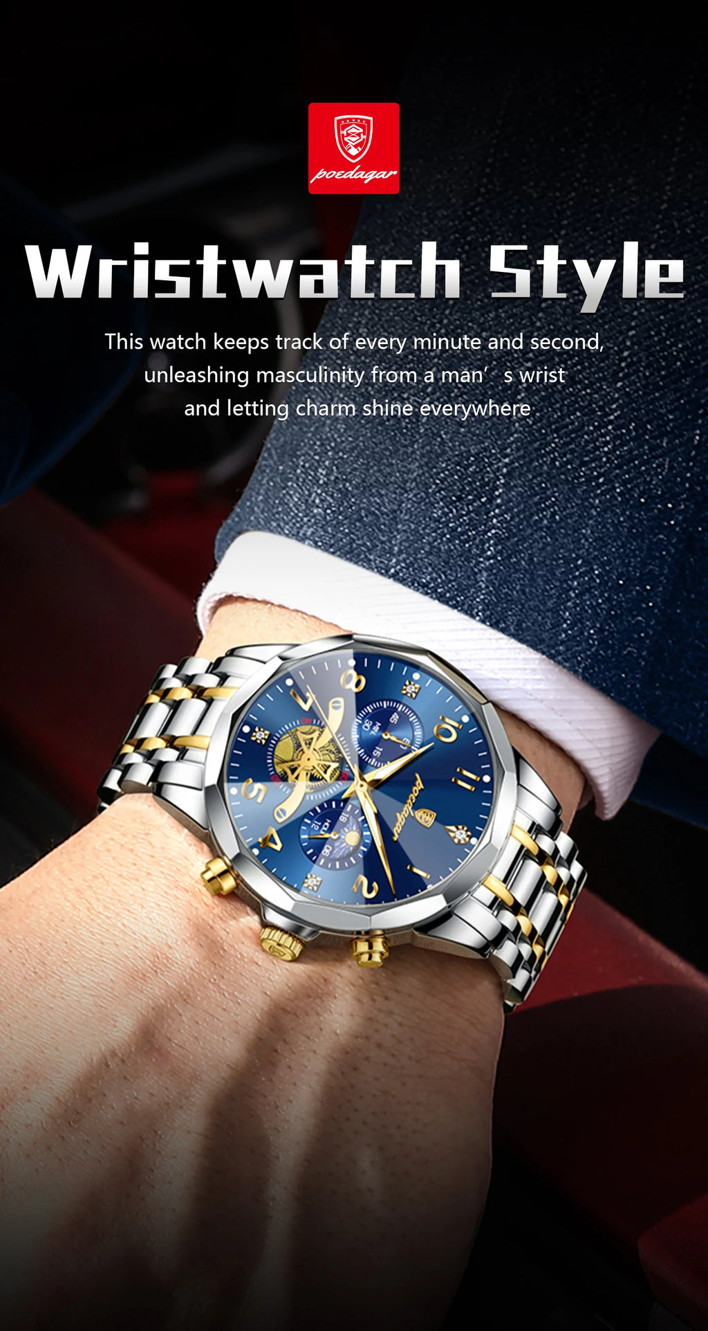 Poedagar relógio original de luxo para homem, cronógrafo, à prova d'água, luminoso, relógio masculino de quartzo, aço inoxidável