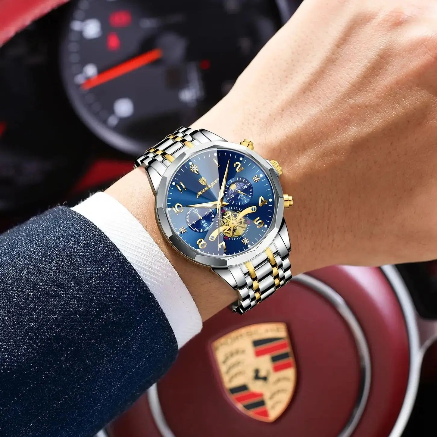 Poedagar relógio original de luxo para homem, cronógrafo, à prova d'água, luminoso, relógio masculino de quartzo, aço inoxidável