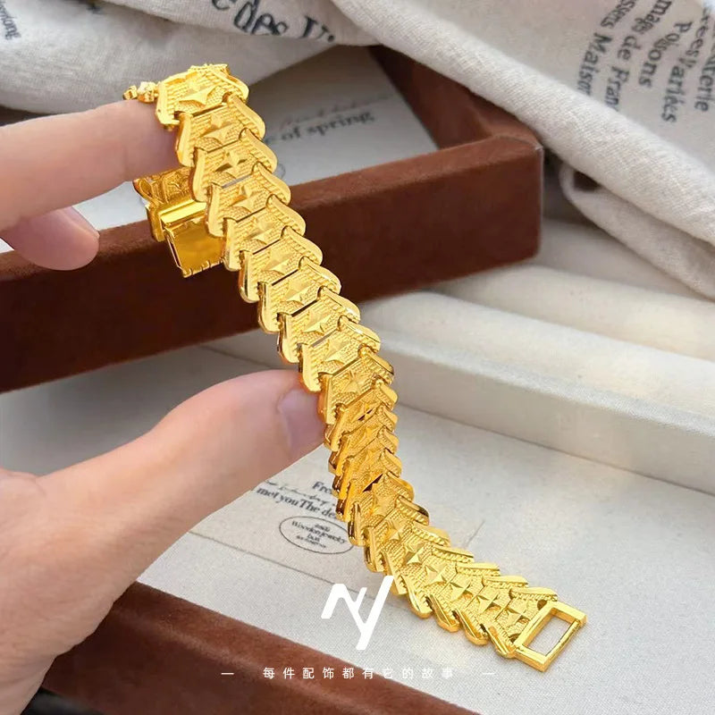 Luxo 24K 9999 Ouro Puro ouro real Relógio Personalizado Corrente Pulseira Masculina