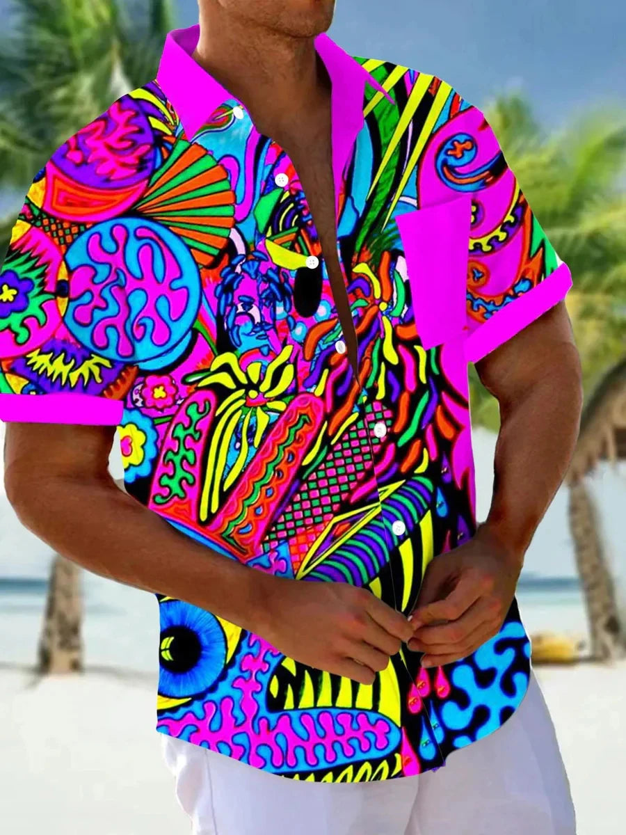 Verão colorido camisas masculinas ao ar livre casual moda rua manga curta topos padrões impressos plus size roupas masculinas havaianas