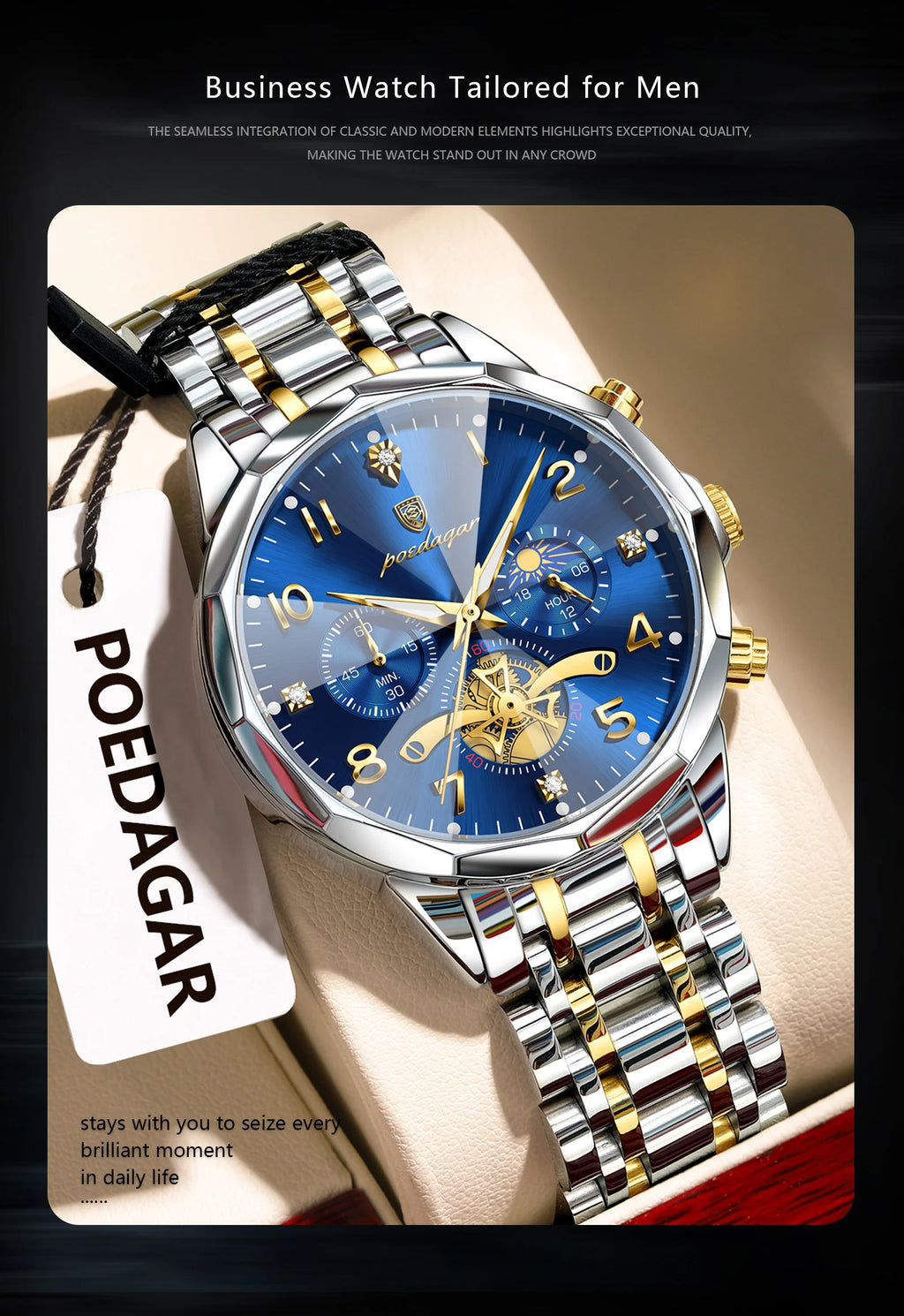 Poedagar relógio original de luxo para homem, cronógrafo, à prova d'água, luminoso, relógio masculino de quartzo, aço inoxidável