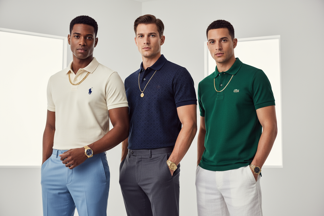 homens com blusas marca polo,boss,lacoste com relogios e correntes de ouro